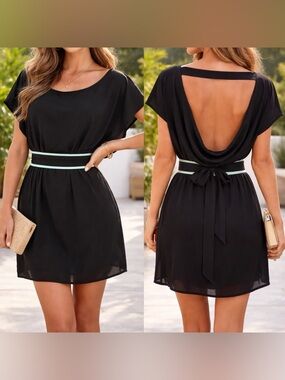 Arden B. Y2K Draped Back Mini Dress w/ Mint Trim Belt Black Sz L